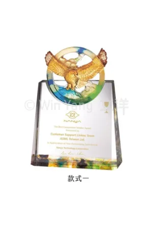 彩虹琉璃 - 2026 文洋獎盃 脫蠟琉璃頭梯型斜邊水晶獎座(大)